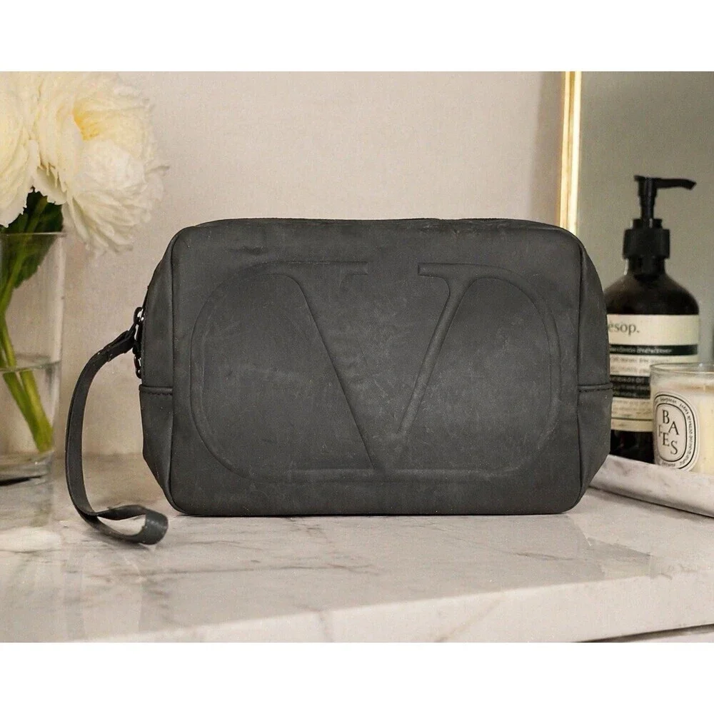 Valentino V Logo Cosmetic Bag Black Rubber Zip Pouch Travel Toiletry Case